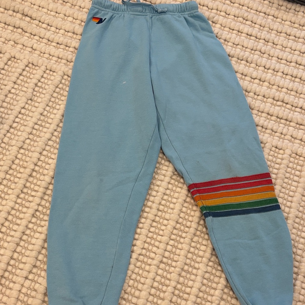 Aviator Nation Light Blue Joggers with Rainbow Detail